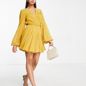 ASOS DESIGN wrap ballon sleeve mini dress with tie waist detail in Mustard.